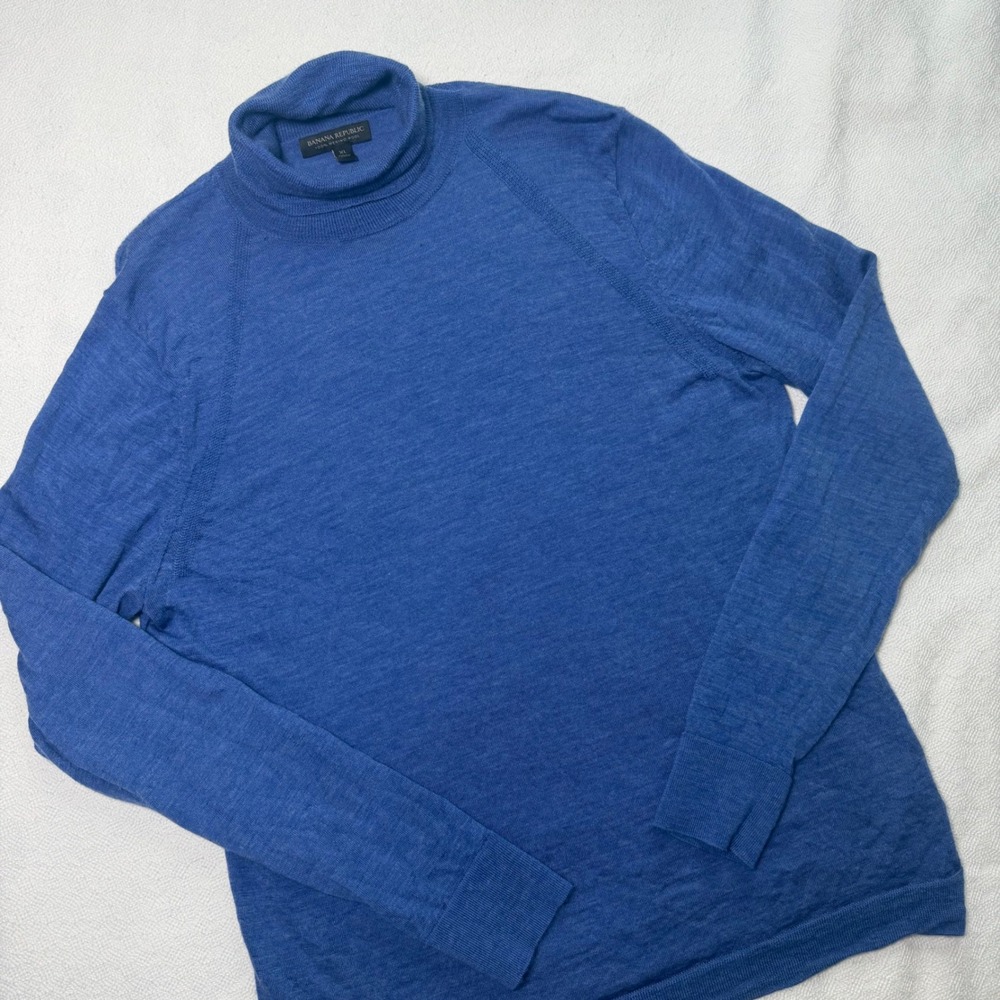 Banana Republic Mens XL Blue 100% Merino Wool Turtleneck Sweater Raglan Knit